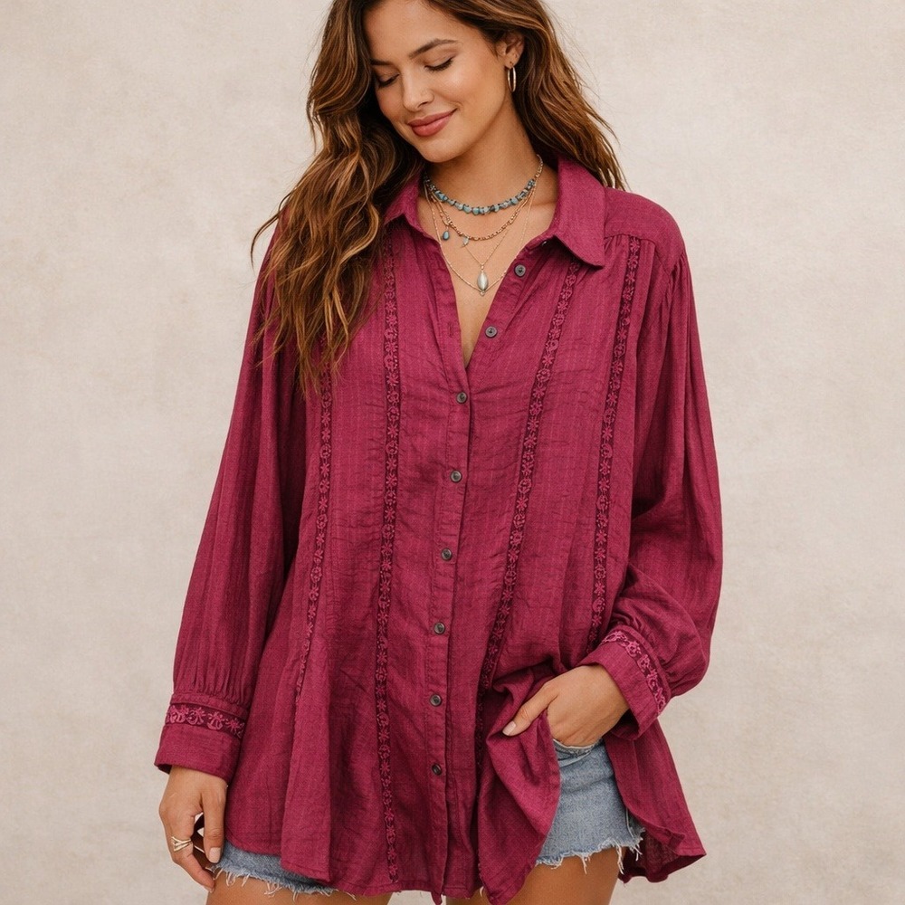 Free People Boho Mikaela Embroidered Button Up Long Sleeve Shirt Women M Pink